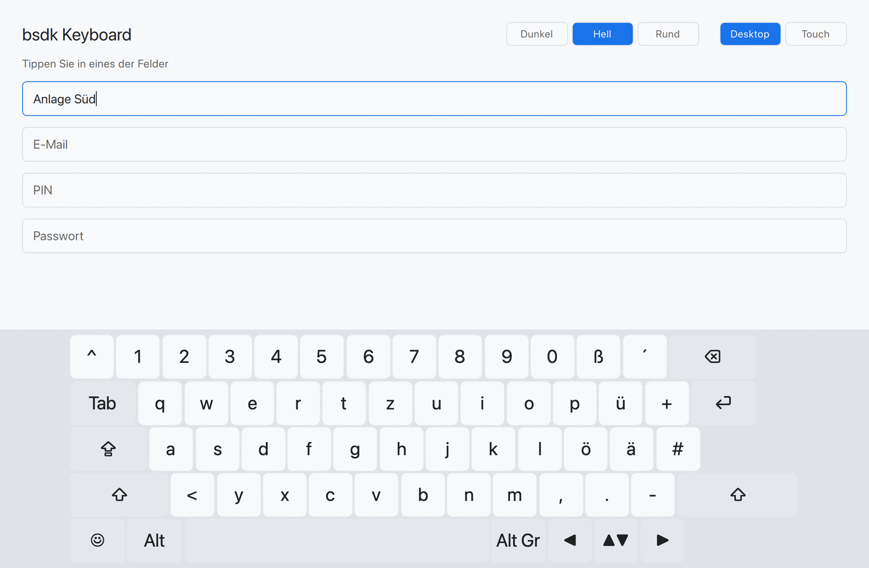 Das bsdk Keyboard im hellen Design: dasselbe Formular und dieselbe deutsche Tastatur wie im dunklen Design, mit hellen Tasten auf hellgrauem Grund.