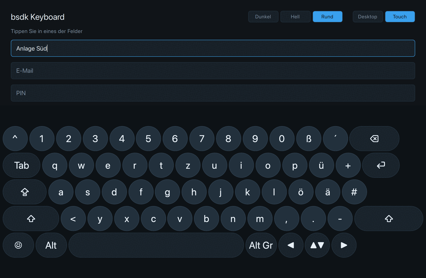 Das bsdk Keyboard mit runden Tasten in Touch-Größe auf dunkelblauem Grund: Die Tasten sind Kreise bzw. abgerundete Pillen und deutlich größer als in der Desktop-Größe.
