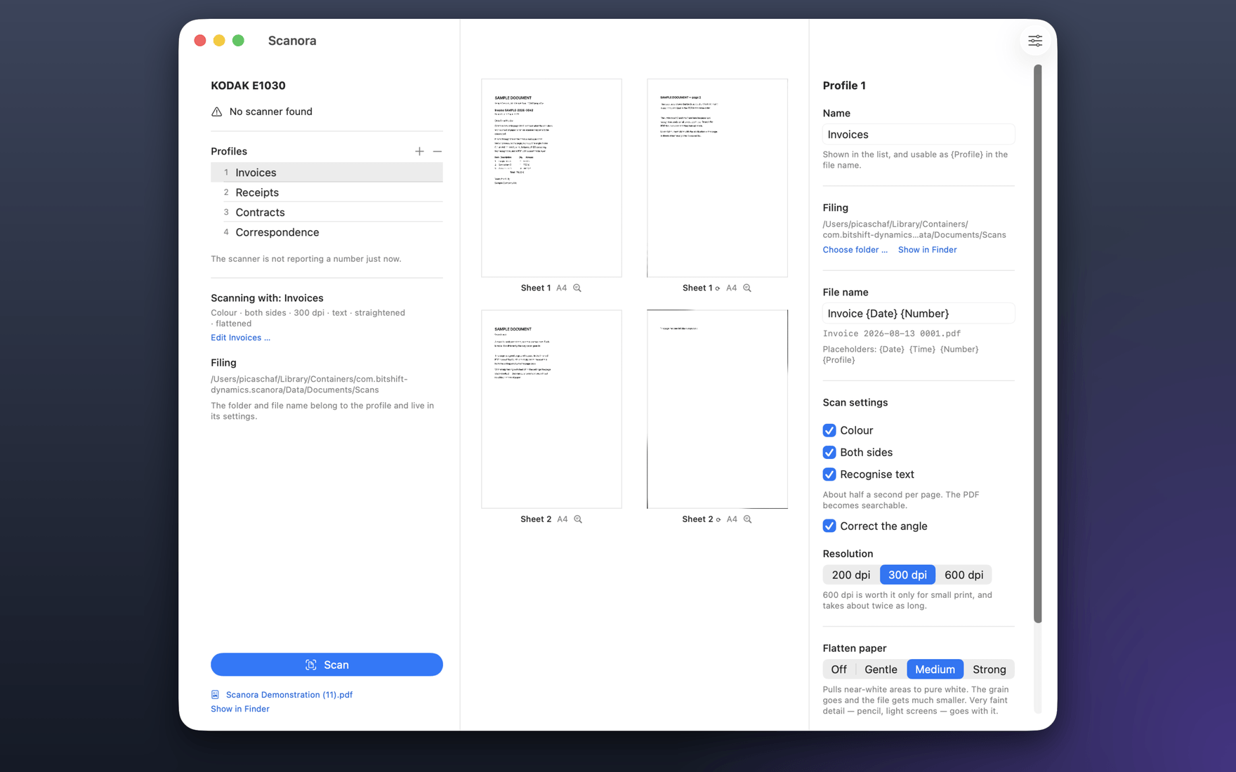A profile's settings in Scanora: name, output folder, file-name pattern, and options for colour, duplex, text recognition, resolution and paper whitening.