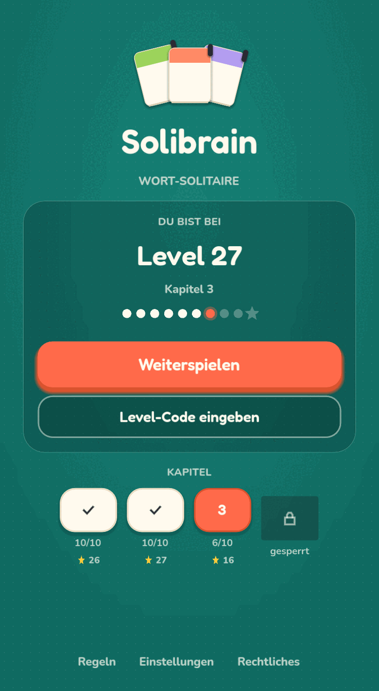 The start screen: current level, chapter progress with stars, and the buttons to continue playing or to enter a level code.