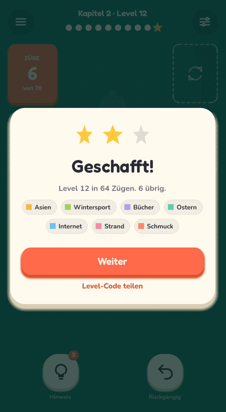 The win screen: two of three stars, the number of moves used, and the categories solved in that level as a list.